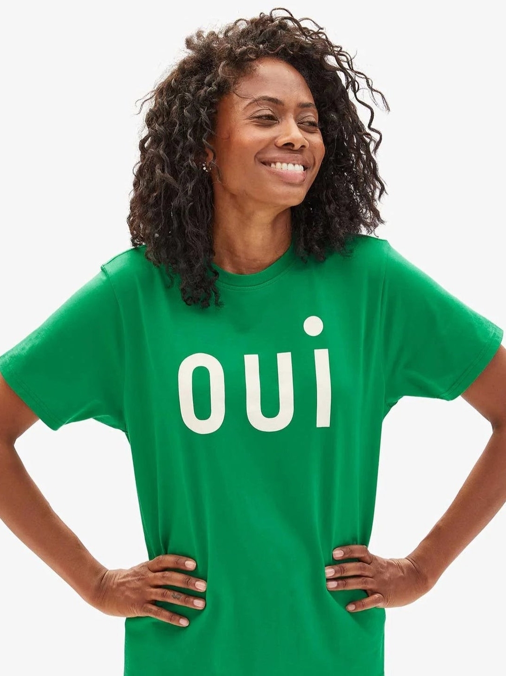 Clare V Green 'oui' Graphic Tee with White Lettering